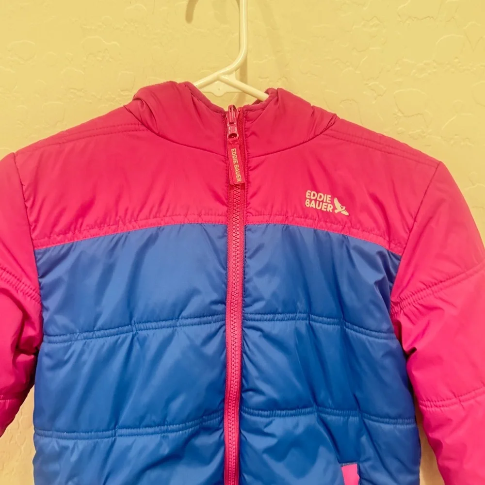 Eddie Bauer Puffer Jacket Girls 10/12 Pink Blue Hooded Winter Snow Warm Fleece